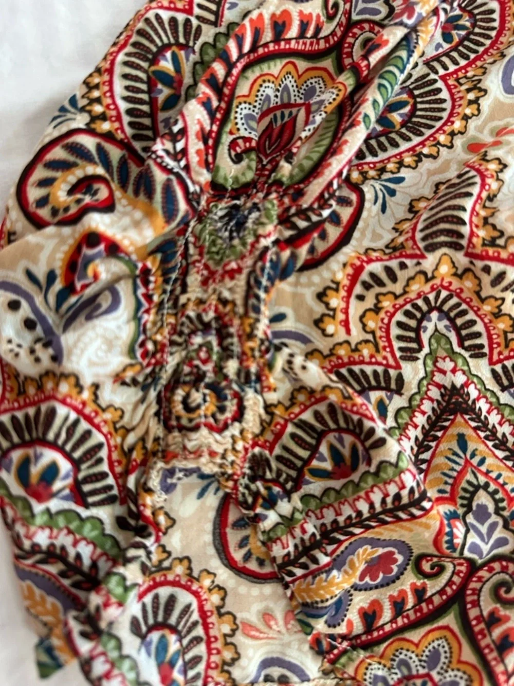 Democracy Paisley Split-Neck Blouse in Red, Cream and Green
